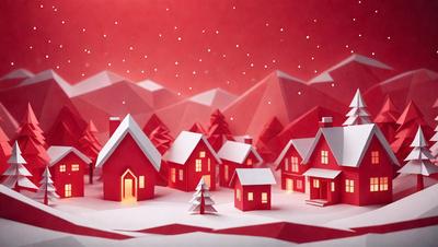 The primary subject of the image is a small red house with a Christmas tree in front of it. The setting is a snowy landscape, with a mountainous background. The visual style is a combination of digital art and illustration, creating a festive and cozy atmosphere. The dominant colors are red and white, with the red house and white snow creating a warm and inviting scene.